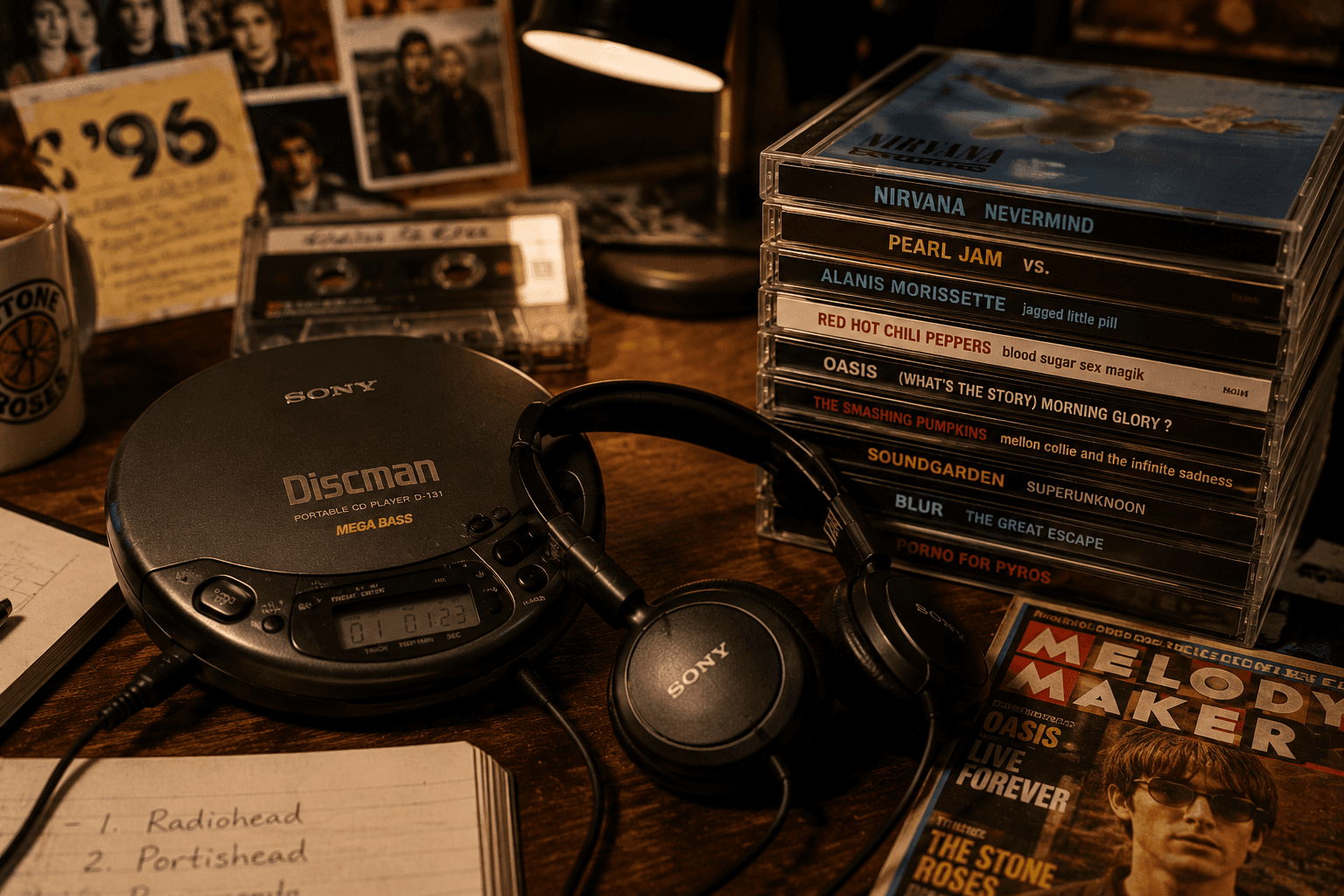 Un discman noventero con audífonos junto a una pila de CDs de la época de los 90